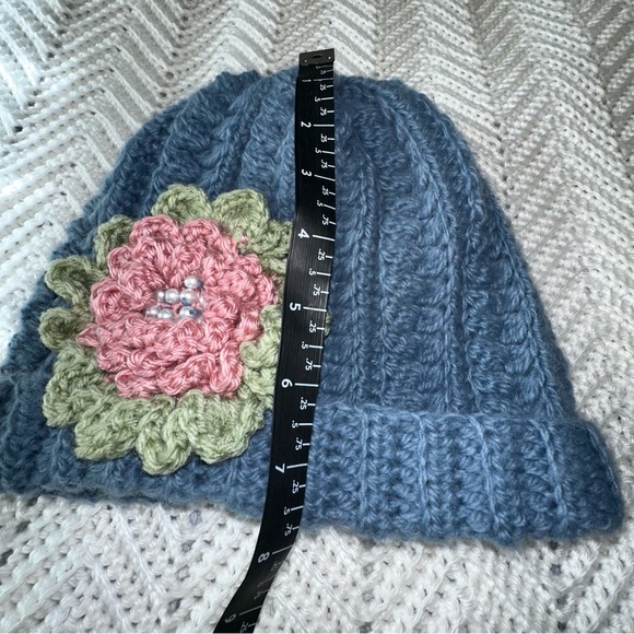 Handmade Crocheted Blue Hat with rose and sage flower and Pearl details - nwot - Picture 3 of 6